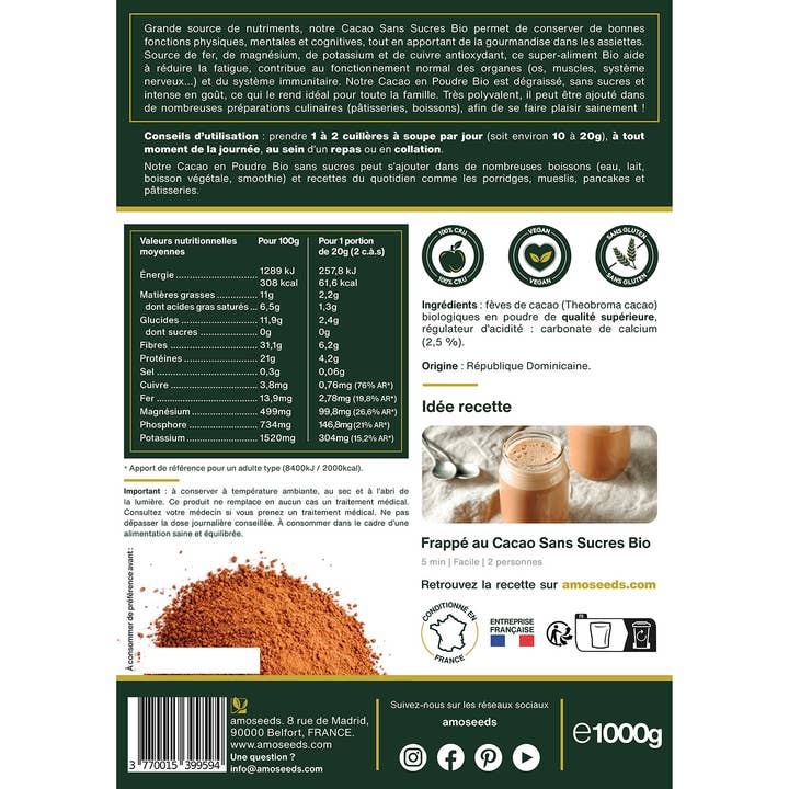 Amoseeds - Wholesale Protein/Superfood Powder - Organic Sugar Free Cocoa Powder 1KG