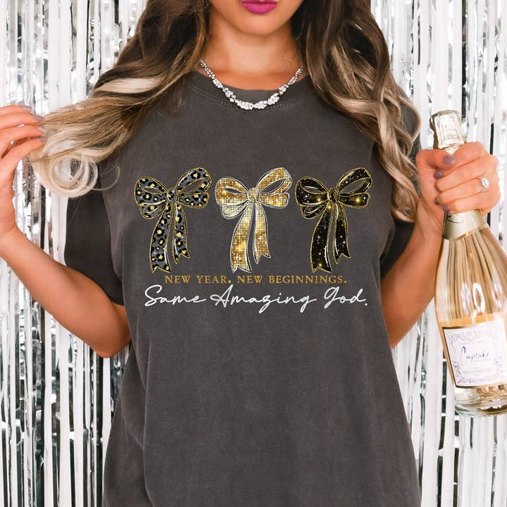 New Year. New Beginnings. Same Amazing God. WHITE DTF Heat Transfer for wholesale by Trendy Transfers