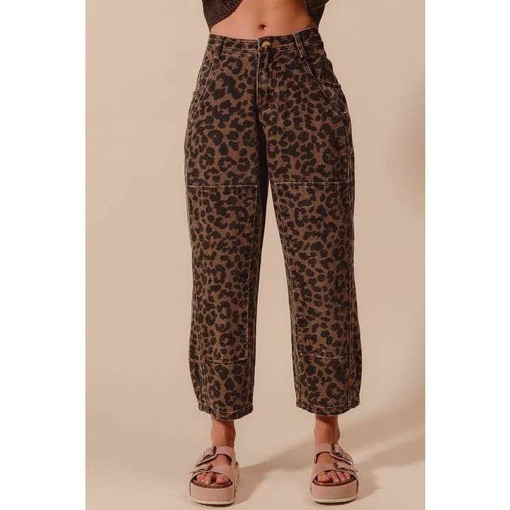 IVE - Wholesale Pants - Women's - TWO TONED LEOPARD PRINT TWILL MID RISE WIDE PANTS
