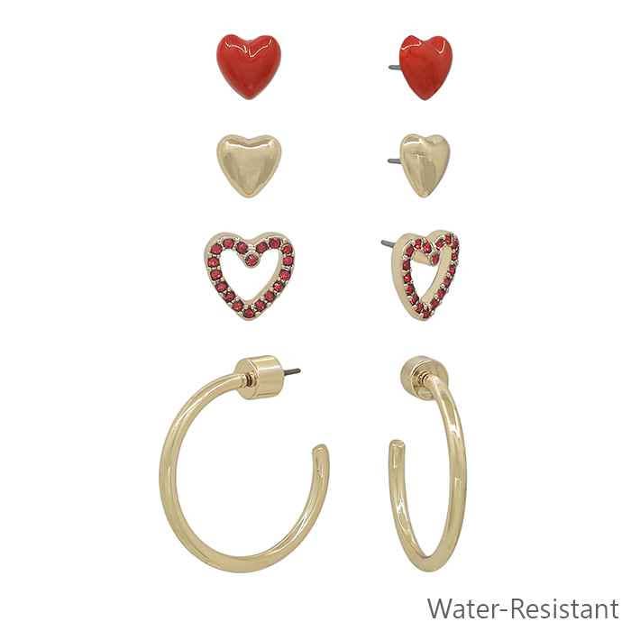 Water Resistant Set of 4 Red and Gold Heart Stud and .5" Hoop Earrings for wholesale by What's Hot