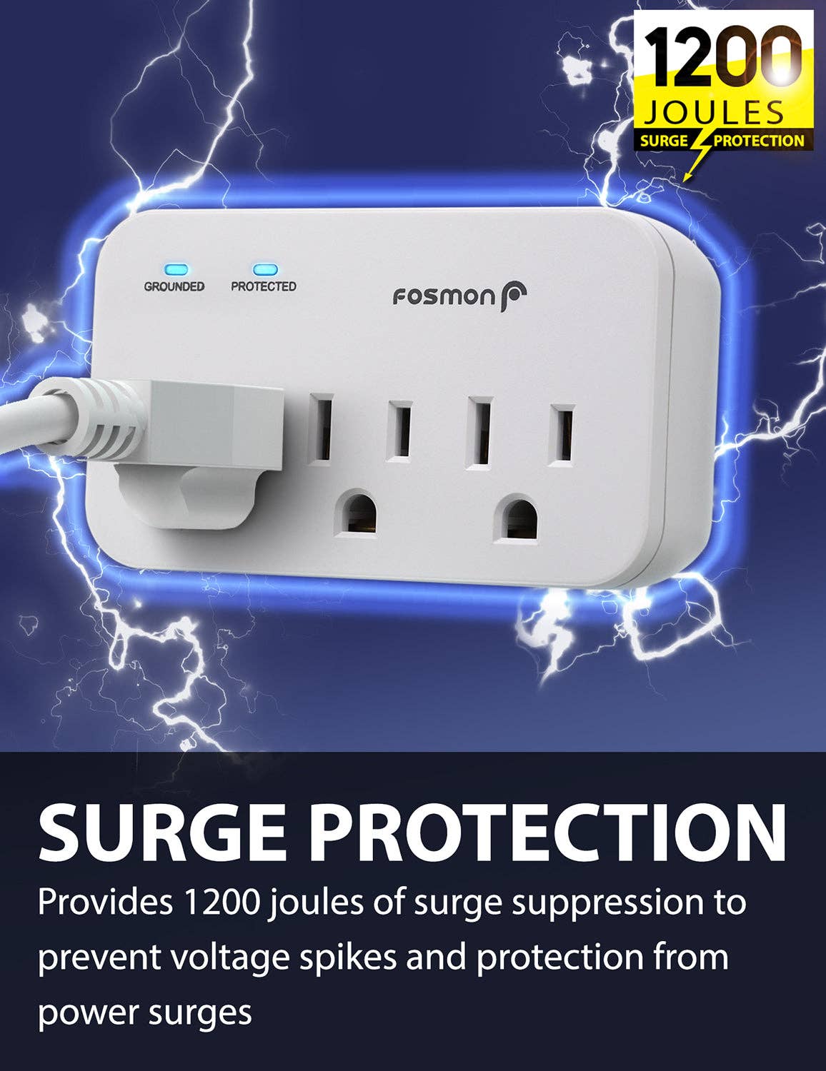 Fosmon - Wholesale Power Adapter - ETL Listed 3 Outlet Wall Mount Surge Protector 1200J1