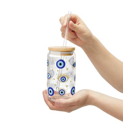 Trendy Evil Eye Glass Can Cup With Bamboo Lid & Titan Straw for wholesale by Joy Vogel Boutique