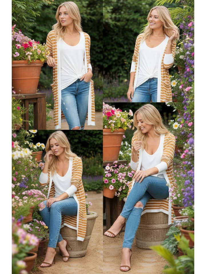 Burgundy Apparel - Wholesale Cardigan - Women's - Stripe Midi Open Cardigan30