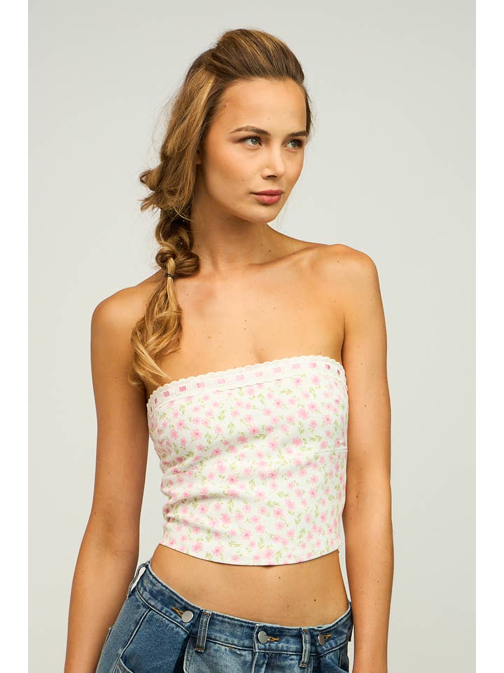 Date With Jannie DITSY FLORAL LACE TRIM BACK ZIPPER TUBE CROP TOP for wholesale on Faire