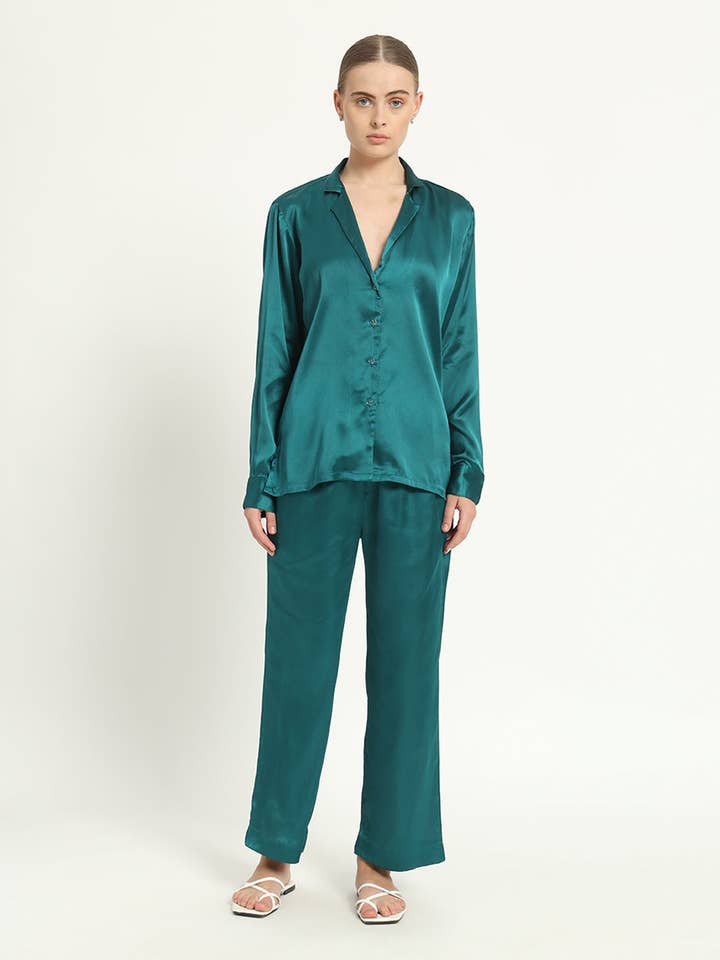 Satin Tailored Button Down Deep Teal PJ Set for wholesale by Thevasa
