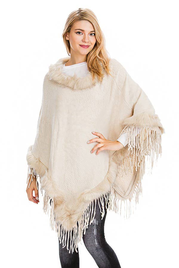Cap Zone - Wholesale Poncho - Women's - Cable Printed Faux Fur Collar And Trimming Poncho9