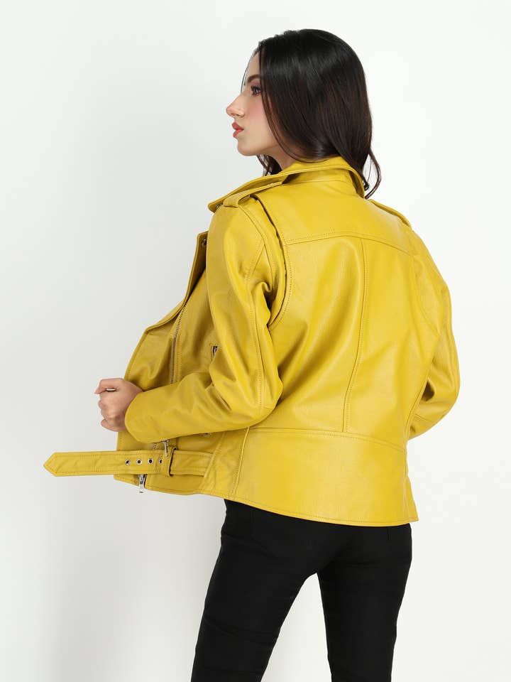 Giallo Giacca in pelle di vacchetta da donna Moto Style in vendita all'ingrosso su Faire5