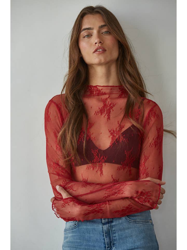 By Together - Wholesale Knit Top - Women's - L6687 | Knit Jacquard Lace Long Sleeve Mock Neck Top