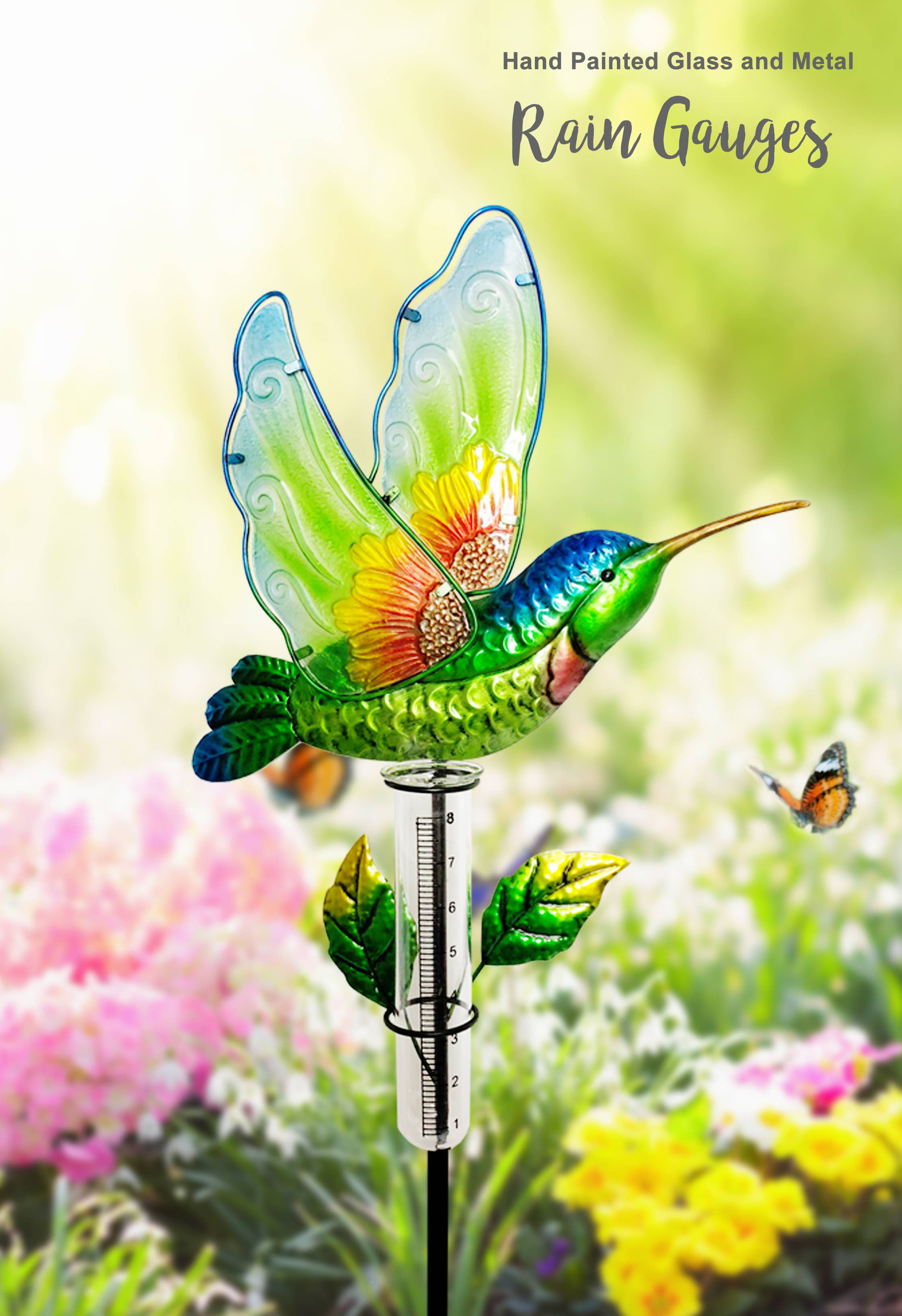 Continental Art Center - Wholesale Garden/Lawn Stake - Glass and Metal Hummingbird Rain Gauge Stake1