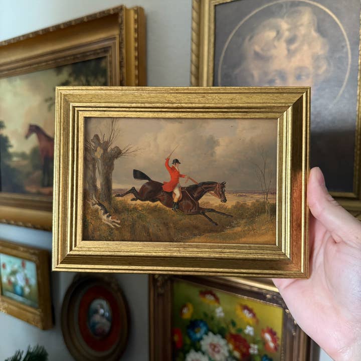 Vintage Style Man Riding a Horse Fox Hunt Scene Print Framed for wholesale by Thrift Antiques