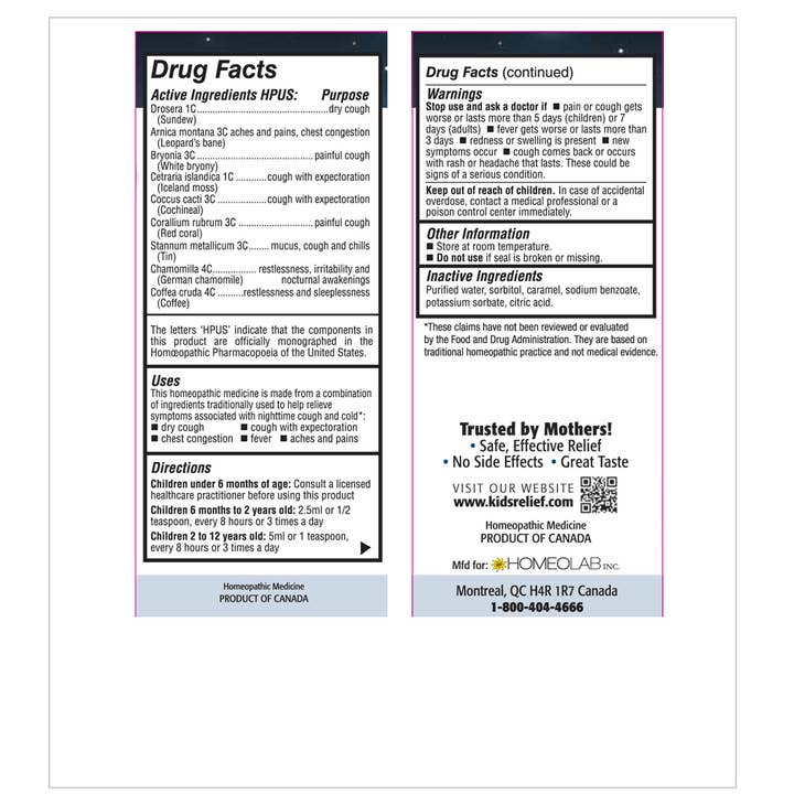 homeolab International Inc - Wholesale Oral Supplement/Vitamin - Kids Relief Cough&Cold Nighttime Syrup for Kids 0-12, 3.4 oz4