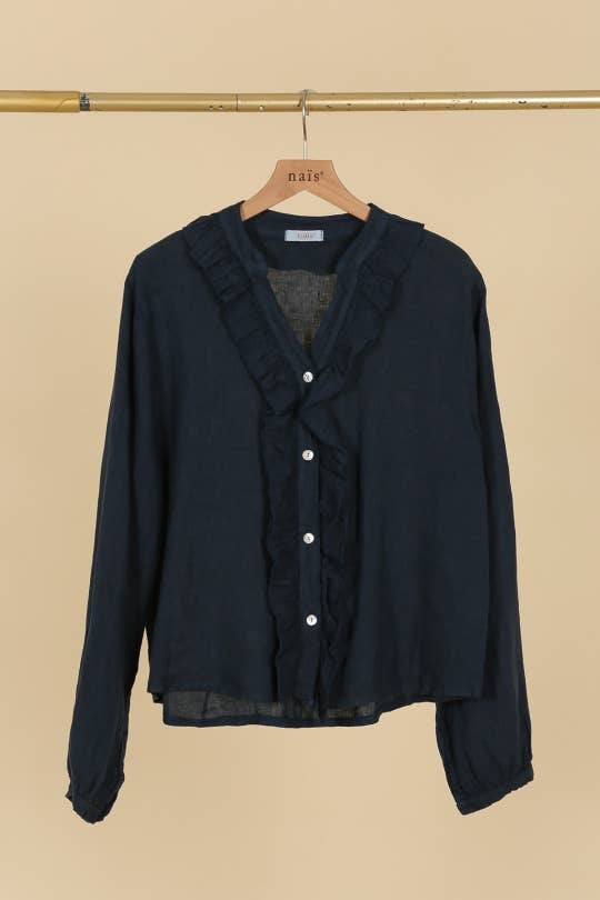 NAÏS PARIS – wholesale Tröja med knappar – Dam – Skjorta med krage och volangdetaljer i 100 % linne3