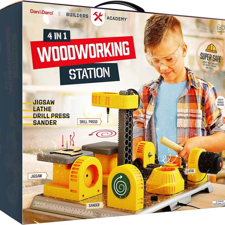 Dan&Darci - Wholesale Wood Toy - Kids - 4 in 1 Woodworking Station for Kids Real Construction Tools