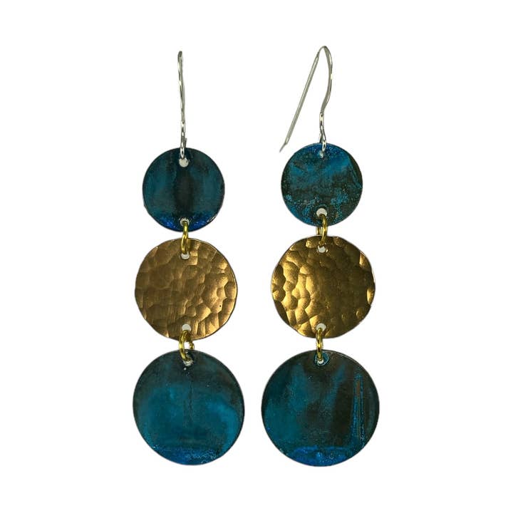 Earring with Blue Patina Discs and Hand Hammered Brass Disc for wholesale by David Stepan