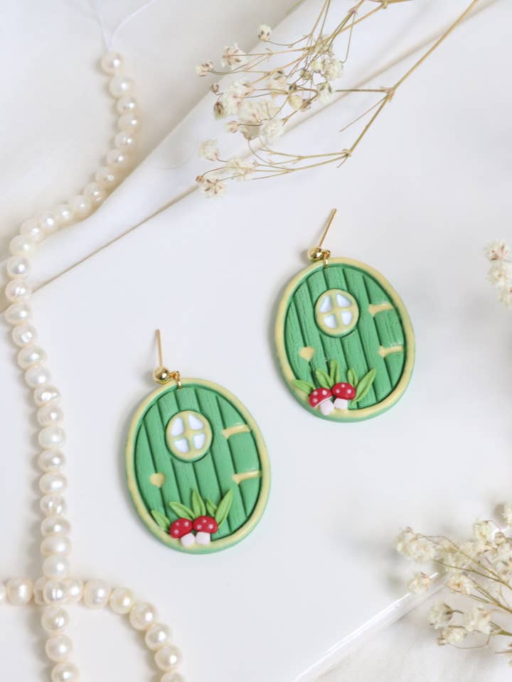Cottagecore Fairy Door Green Mushroom Polymer Clay Dangles for wholesale by Lily and Sparrow Clay