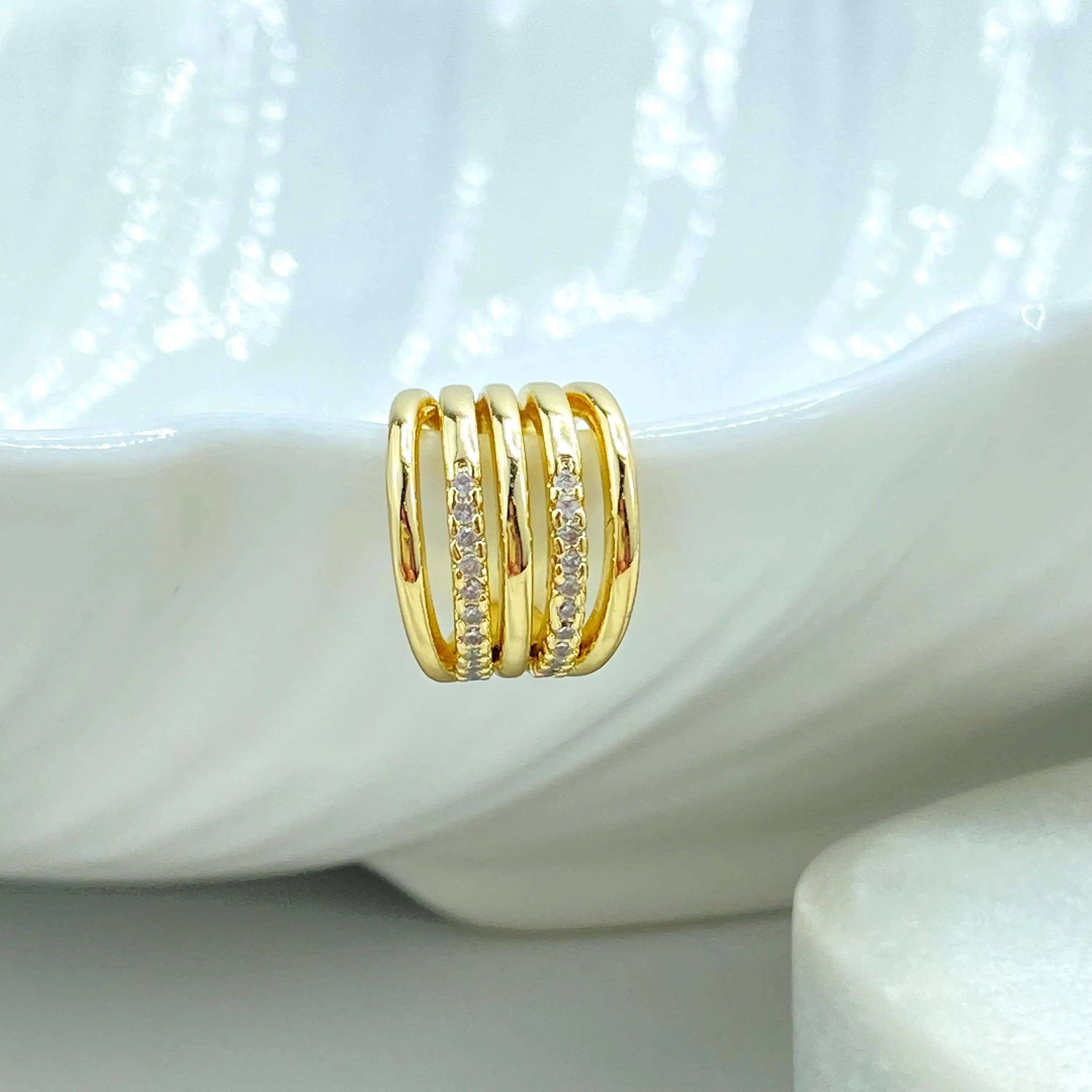 Luxus Accessories – Brincos de punho/trespasse por atacado – Brinco de Pressão Triplo em Ouro 18k, Micro Zircônia Cúbica, Brinco Delicado, Look Moderno em Camadas, Presente para Ela6