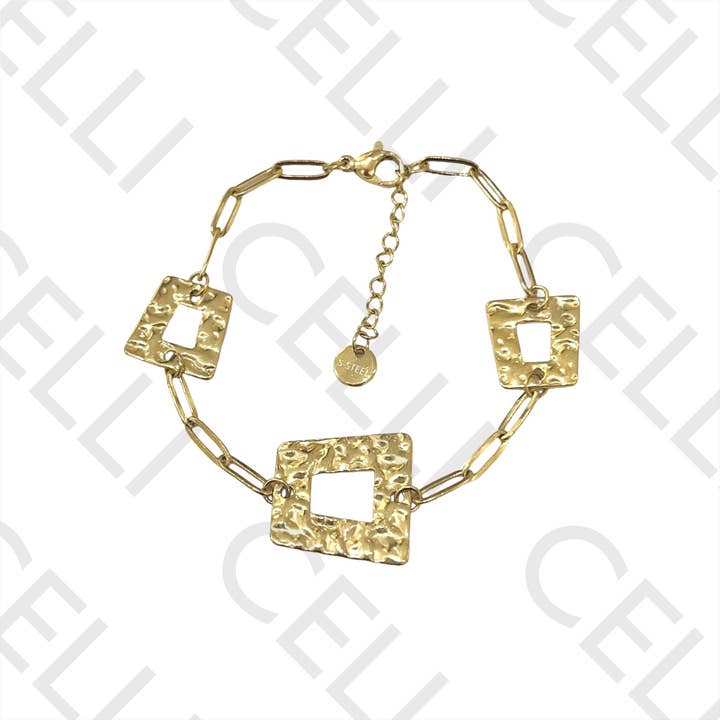 Celli Biju - Wholesale Jewelry Set - Steel Necklace / Bracelet - Hammered Square2