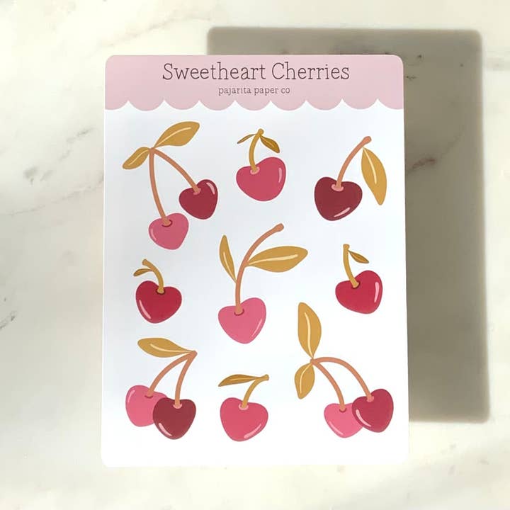 Sweetheart Cherries Sticker Sheet for wholesale by Pajarita Paper Co