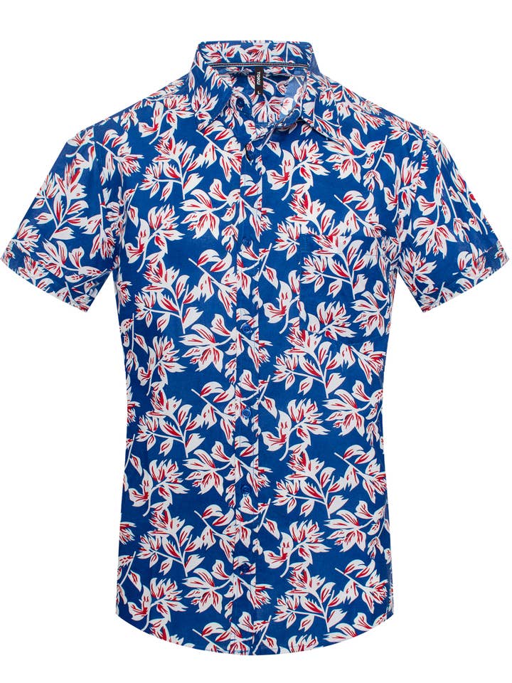 MPS-3069 Royal Blue Leaf Motif Short-Sleeve Shirt for wholesale by Urban Fitz