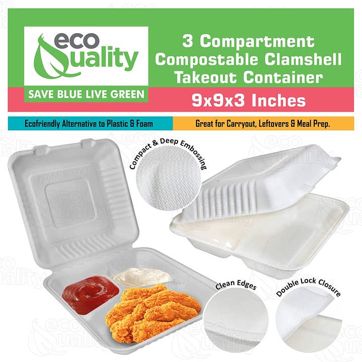 EcoQuality - Wholesale Food storage container - Compostable 3-Compartment Rectangular Hinged Clamshell 9x9x33