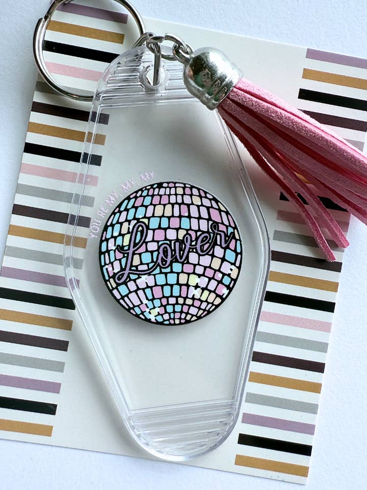 Tay Lover disco ball acrylic keychain for wholesale by Typo Lettering Co
