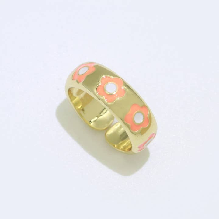 Aim Eternal – Anel de banda por atacado – Anel Ajustável Aberto com Margarida Dourada em Esmalte Joalharia Minimalista Empilhável Anel Midi S-021 ~ S-03025