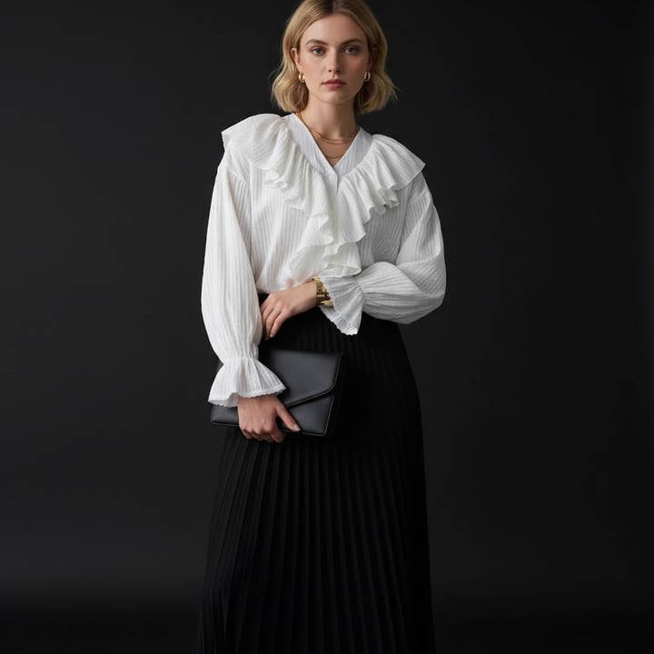 White V-Neck Ruffle Detail French Retro Style Long Sleeve Blouse for wholesale on Faire2