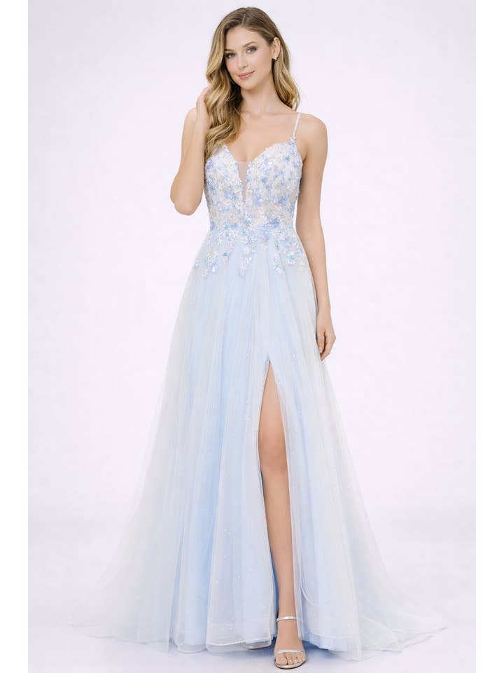 PROM-EMBROIDERED BODICE A LINE TULLE MATERIAL for wholesale by FashionShowcase