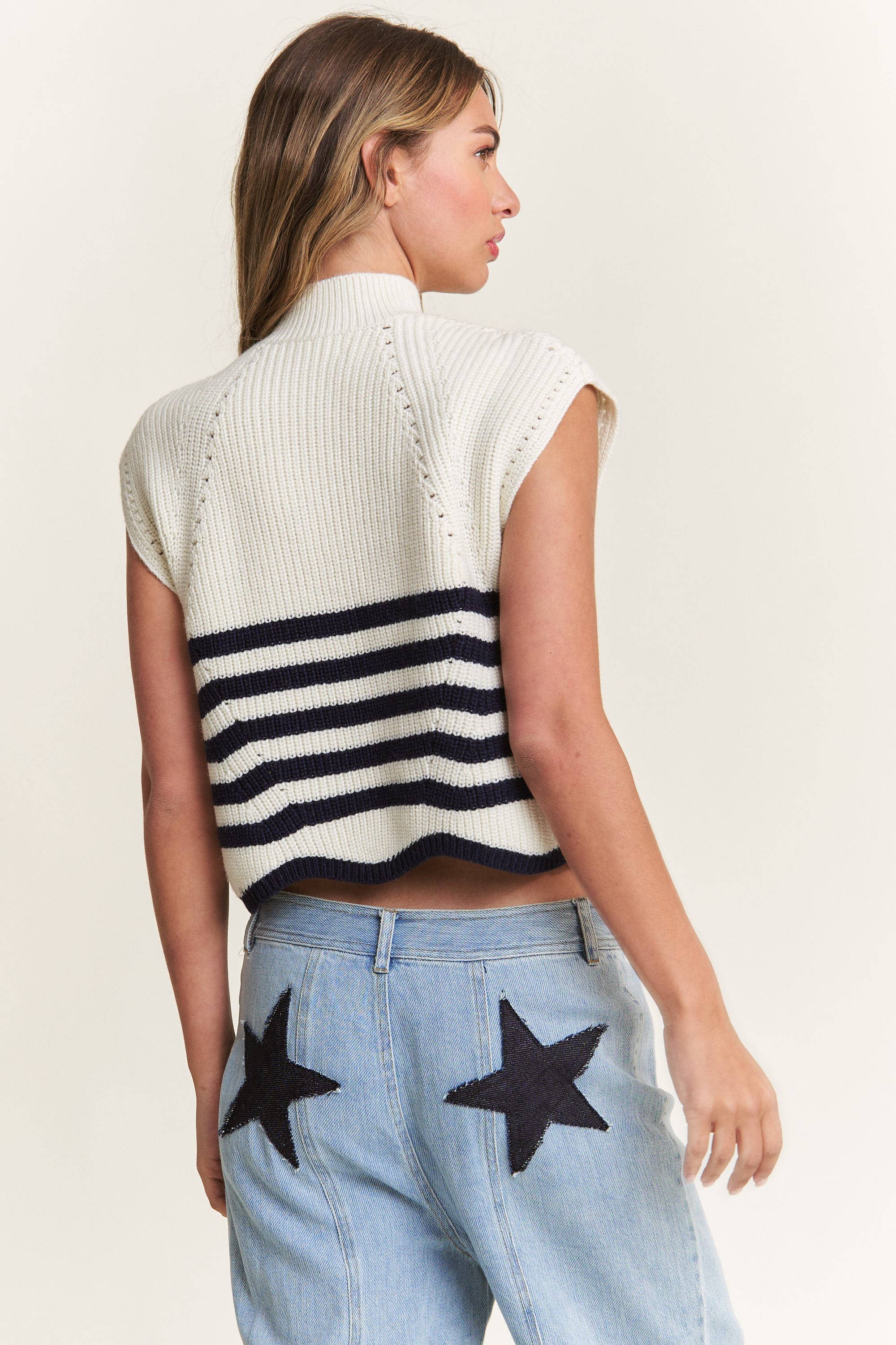 In The Beginning - Vente Pull en maille – femme - Pull sans manches à col roulé bleu marine/ivoire8