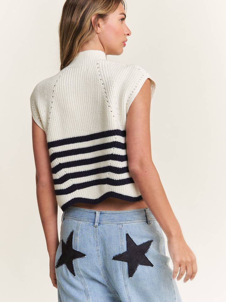 In The Beginning - Vente Pull en maille – femme - Pull sans manches à col roulé bleu marine/ivoire8