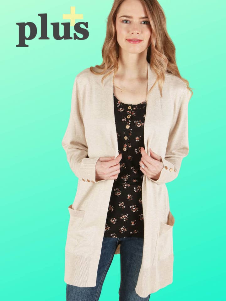Super soft knit down cardigan. PLUS size for wholesale by P.S Kate