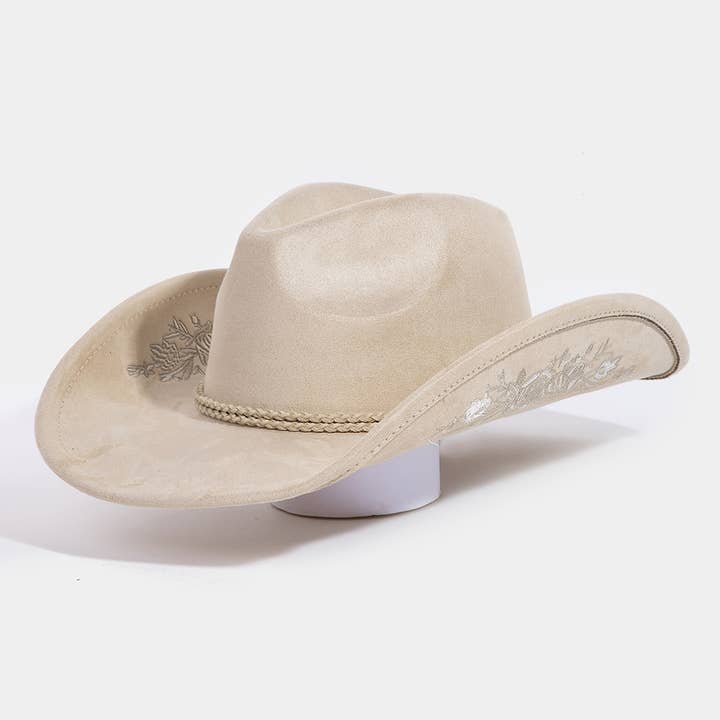 Collections by Fame Accessories - Wholesale Fedora - Women's - Rose Embroidered Braided Band Fedora Cowboy Hat