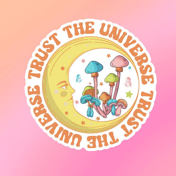 Trust the Universe Sticker en vinyle Retro Hippie Moon Champignons pour la vente par London Luxury Candles