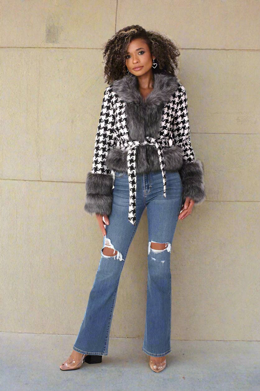 BLACK WHITE Houndstooth Belted Jacket -82074 for wholesale on Faire