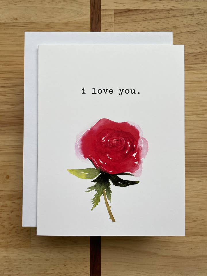 I Love You - Red Rose - Watercolor Greeting Card for wholesale by Kristin Schmidt Artist