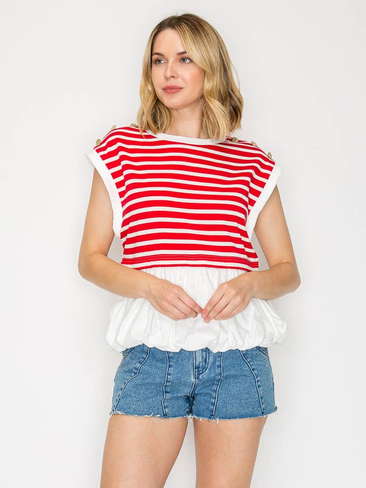 LoveWednesday - Wholesale Blouse - Women's - Red Stripe with Bubble Ruffle Top - LWT20686