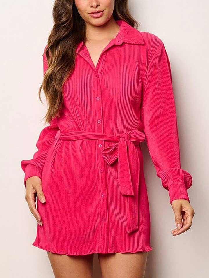 LONG SLEEVE SELF TIE BUTTON UP PLEATED MINI DRESS for wholesale by ROUSSEAU