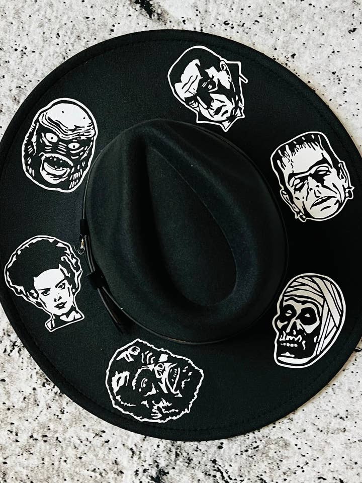 Vegan Felt Wide Brim Hat - XL Brim - "Monsters" for wholesale by Witchwood Bags