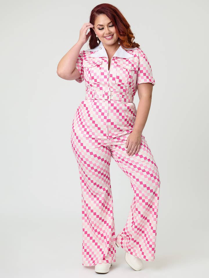 Smak Parlour Plus Size Pink Checkerboard Flare Jumpsuit for wholesale by Unique Vintage