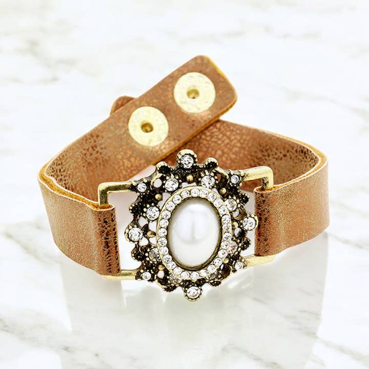 Stone Trimmed Antique Oval Pearl Accent Snap Button Bracelet for wholesale by Sensibling Corp.