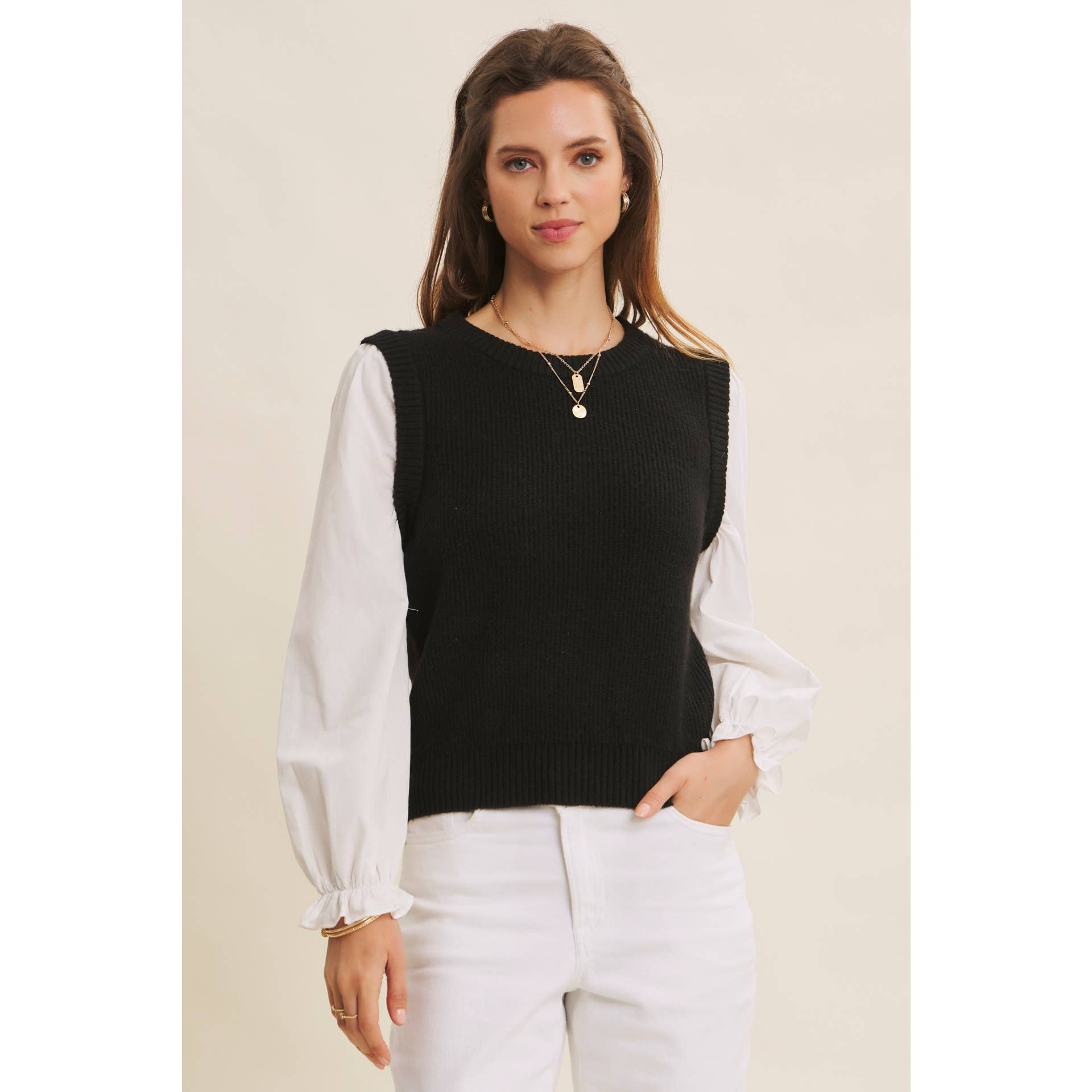 in february - Wholesale Knit Sweater - Women's - SWEATER VEST TOP WITH WOVEN PUFF SLEEVES12