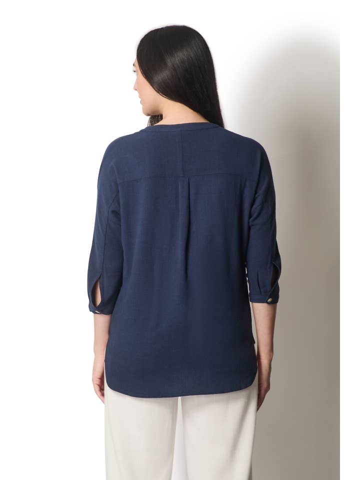 SOLO - Wholesale Blouse - Women's - Linen Blend Buttoned Blouse - Navy