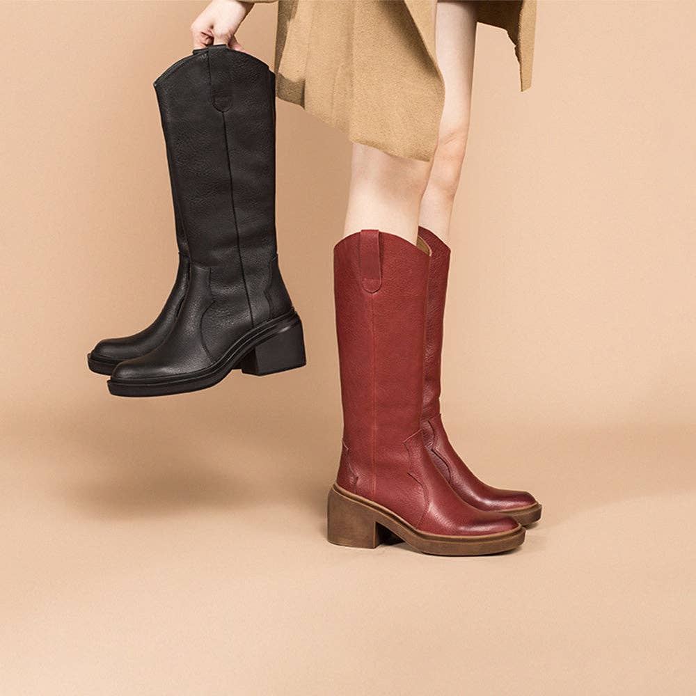 DWARVES - Vendita all'ingrosso Stivali da cowboy - Donna - Stivali al ginocchio in pelle, stivali da cowboy, stivali da equitazione retrò con tacco a blocchi, colore nero/rosso/caffè8