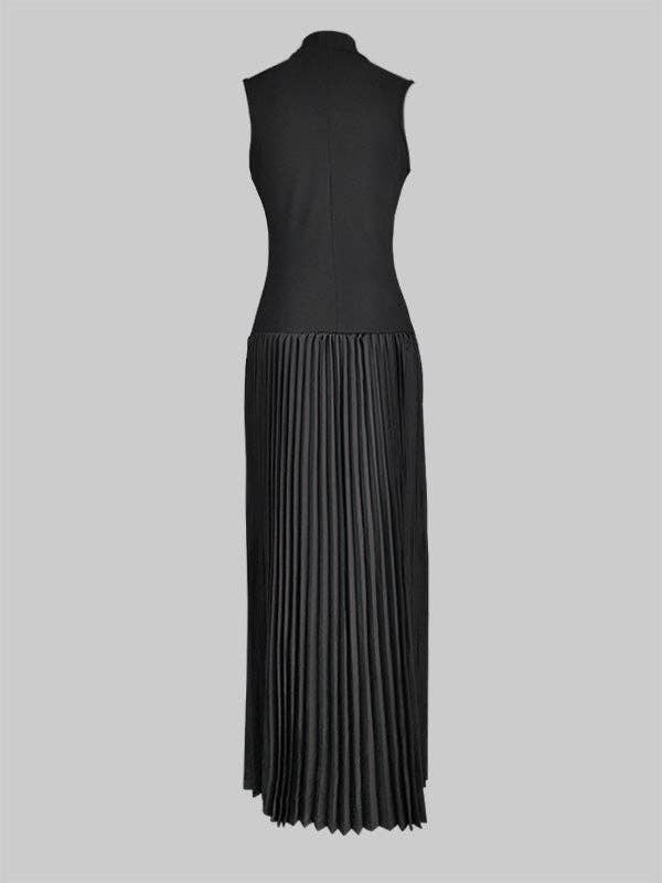 BLACK Bodycon Sleeveless Hollow Pleated Solid Color Split-Joint Mock Neck Maxi Dresses for wholesale on Faire6