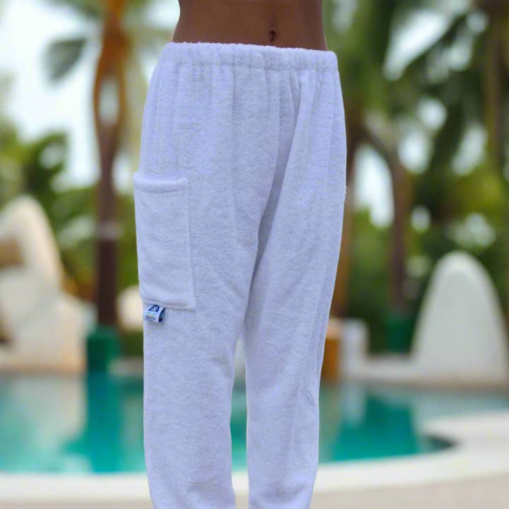 Pantalon Serviette - Blanc - EN STOCK Expédition Rapide - Plage, Natation, Tenue de villégiature, Garçons, Filles, Adultes. pour la vente par Paradise Towelwear