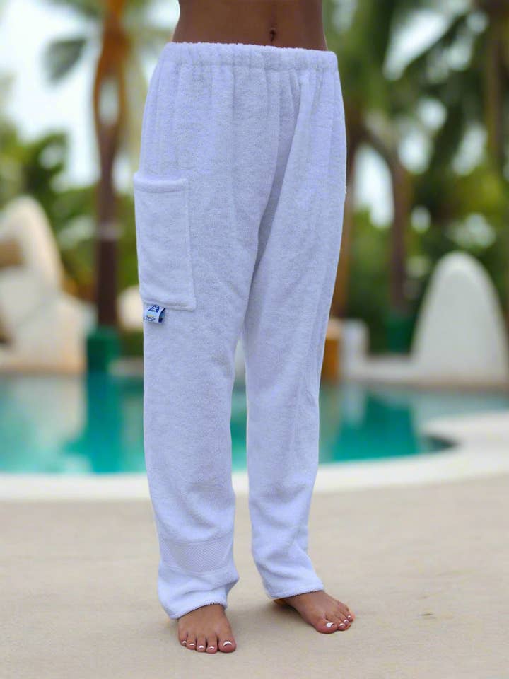 Pantaloni Asciugamano - Bianco - DISPONIBILE Spedizione Veloce - Spiaggia, Nuoto, Abbigliamento da Resort, Ragazzi, Ragazze, Adulti. per la vendita all'ingrosso da parte di Paradise Towelwear