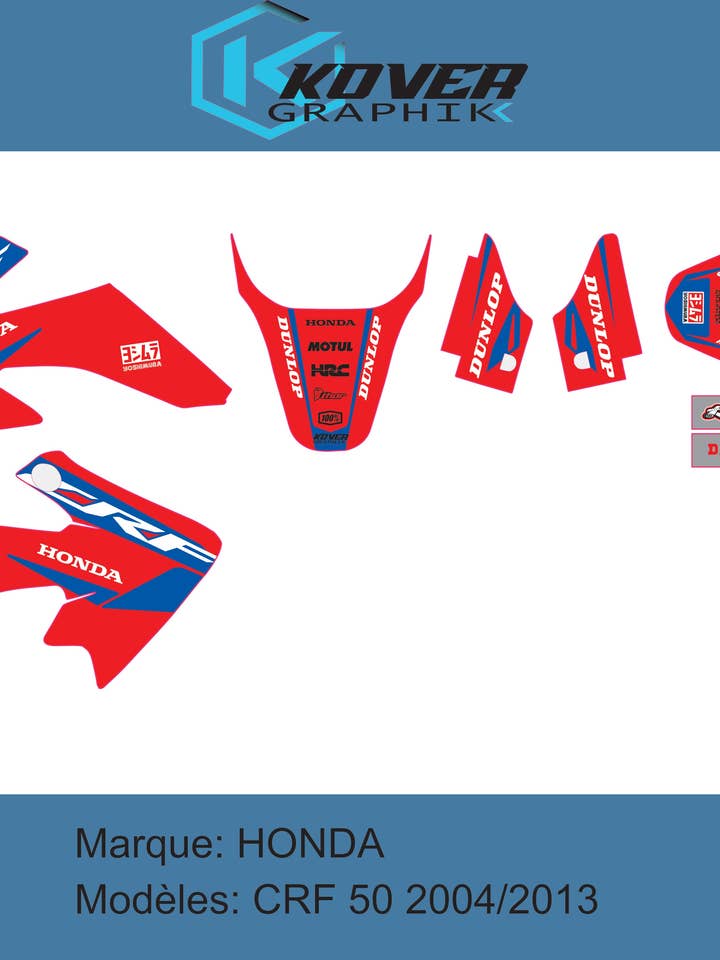 Motorcycle Deco Kit Compatible with Honda CRF 50 (2004-2013) – Red/Blue Racing Design – Kover Graphik for wholesale by kover graphik