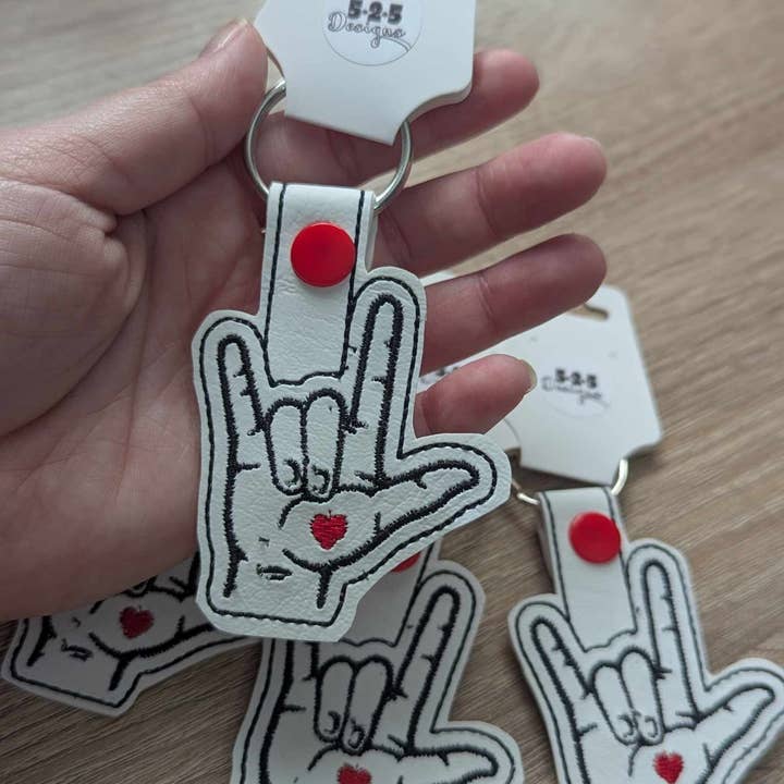 525 Fiber and Designs - Wholesale Keychain - Unisex - Embroidered ASL I Love You Sign Key Chain, Key Fob, Charm