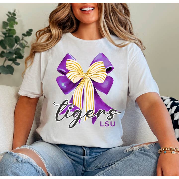 Preppy LSU Tigers Coquette Bow Graphic Tee for wholesale by Gia Gifts Boutique