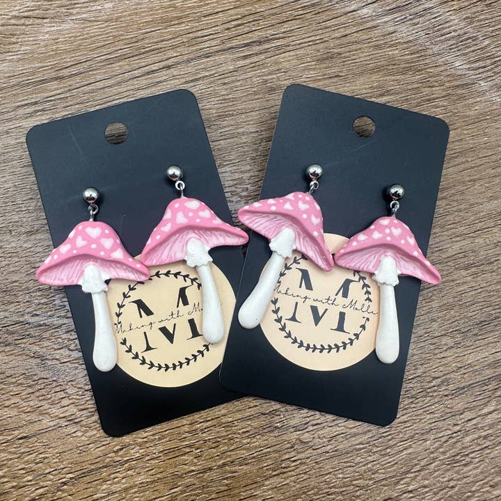 Heart Mushroom Polymer Clay Earrings for wholesale by Making with Molli